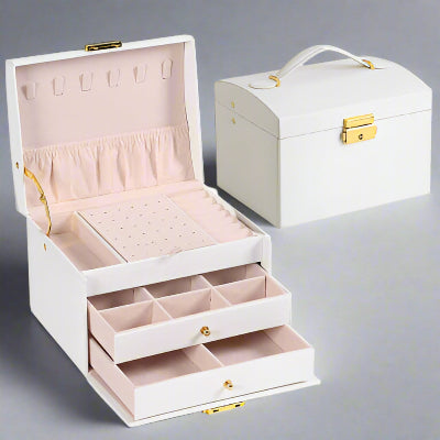 Boite a bijoux simili cuir blanc deux tiroirs