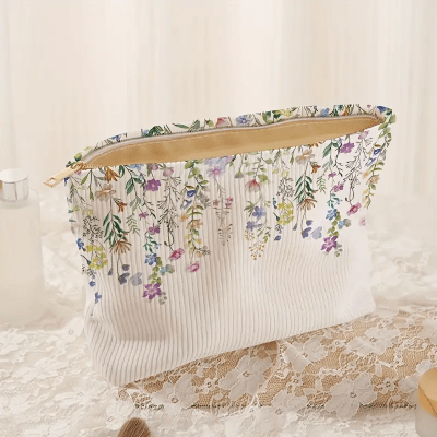 Trousse a maquillage en velours-côtelé a fleurs